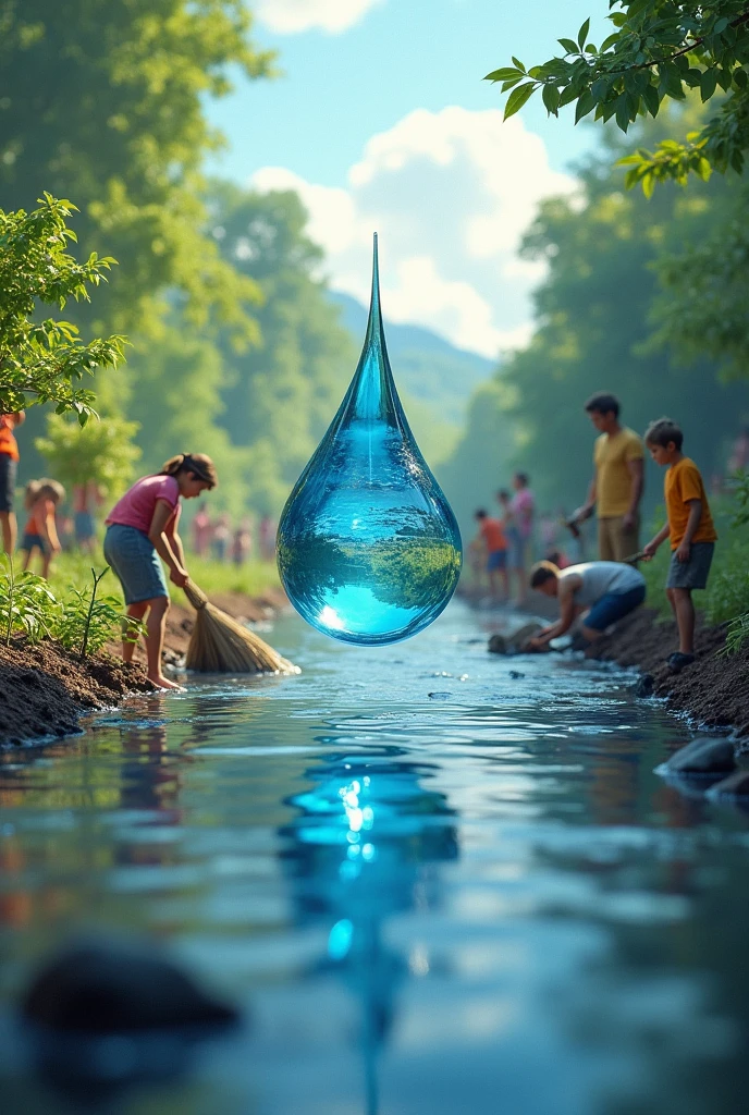 Image: The drop of water observes the community working together to clean the river, Plant trees and take care of water.