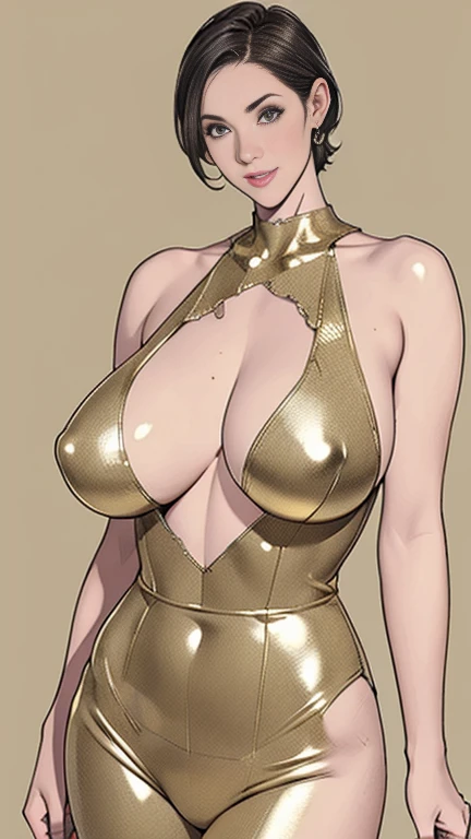 1,short hair,Photorealism,detailed,masterpiece,mature,((full)), (Broad shoulders), ((Huge)),gold suit,Showing cleavage,look at your thighs,Great hole,smile,masterpiece,High quality illustrations