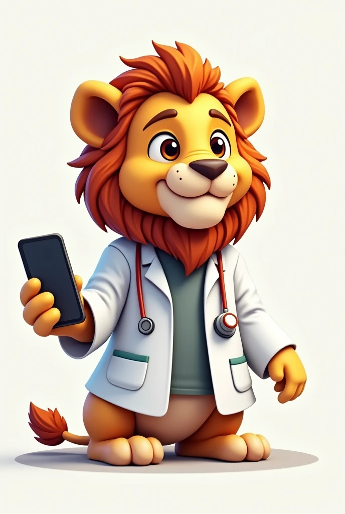 I want you to generate an image of an animated sitting lion, that he is dressed as a doctor with his stethoscope and a cell phone in his hand, It's a logo I'm thinking of creating for my company Doc. Cel By 3Lions