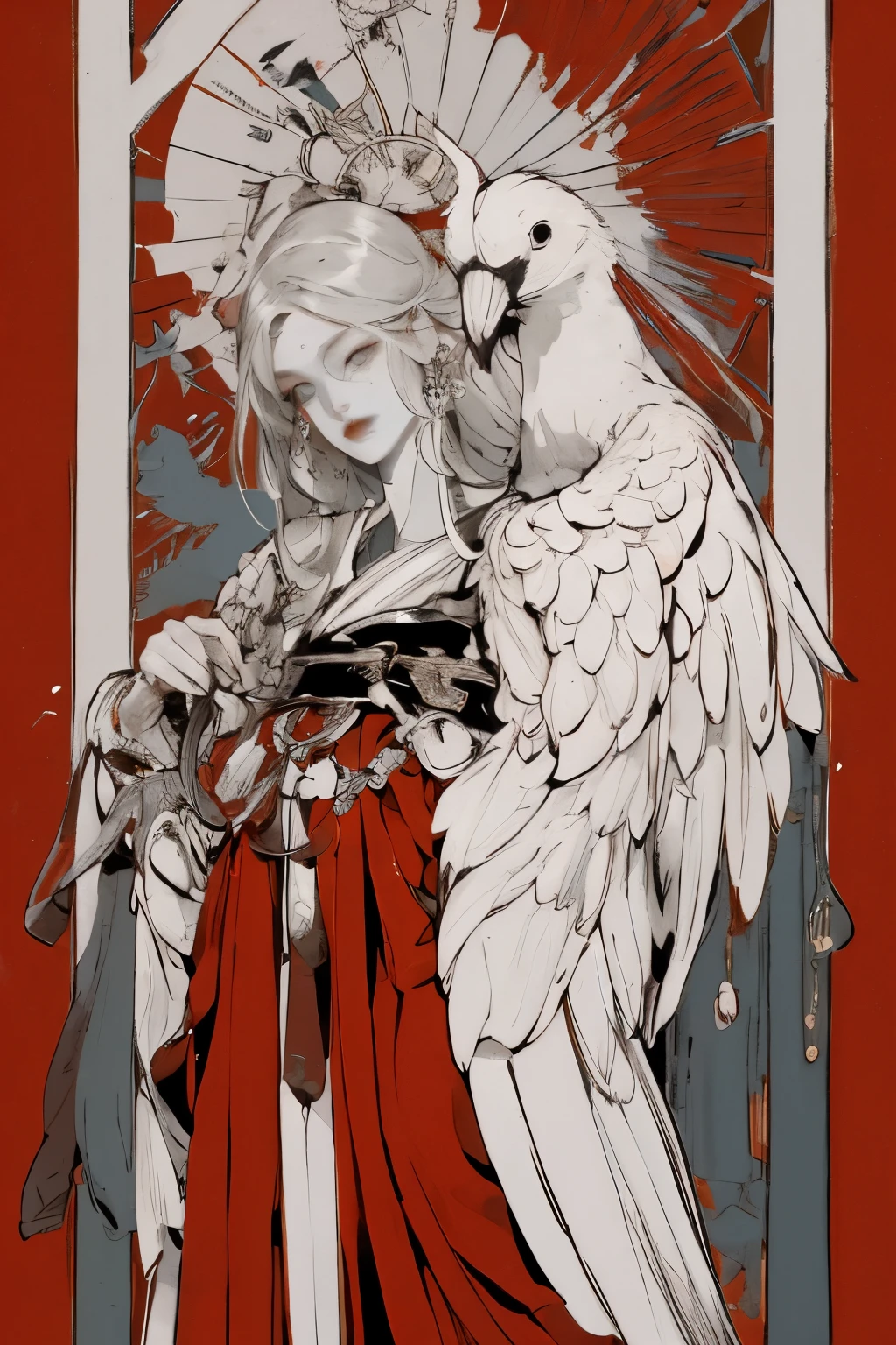Yoshitaka Amano character setting,solitary,Angelic, Symmetrical beauty, Red-crowned crane characteristic gorgeous long skirt, stand up, (((solitary))), Color Matching，Clear facial features, Clean lines design, Magic Elements, Future Technology, ((tarot card background)), Standing Figure, ((Flat Color)), (masterpiece，Top quality，best quality，Ultra-high resolution), ((Exquisite facial features，Clear facial features，beautiful eyes，Pretty Face)) ,(32K Wallpaper),
