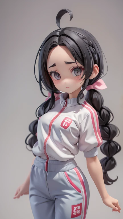 Girl、Primary school students、small、sharp、Black Hair,、Pigtails、Braid、The forehead is visible、Forehead、Jersey、Tracksuits、Clothing patterns、Clothing Design、The front is open、whole body、
