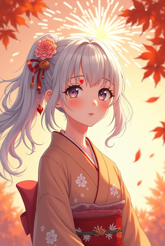 Anime illustration icon Cute white hair Older sister Red heart sticker on right cheek Kimono Background Autumn leaves Fireworks