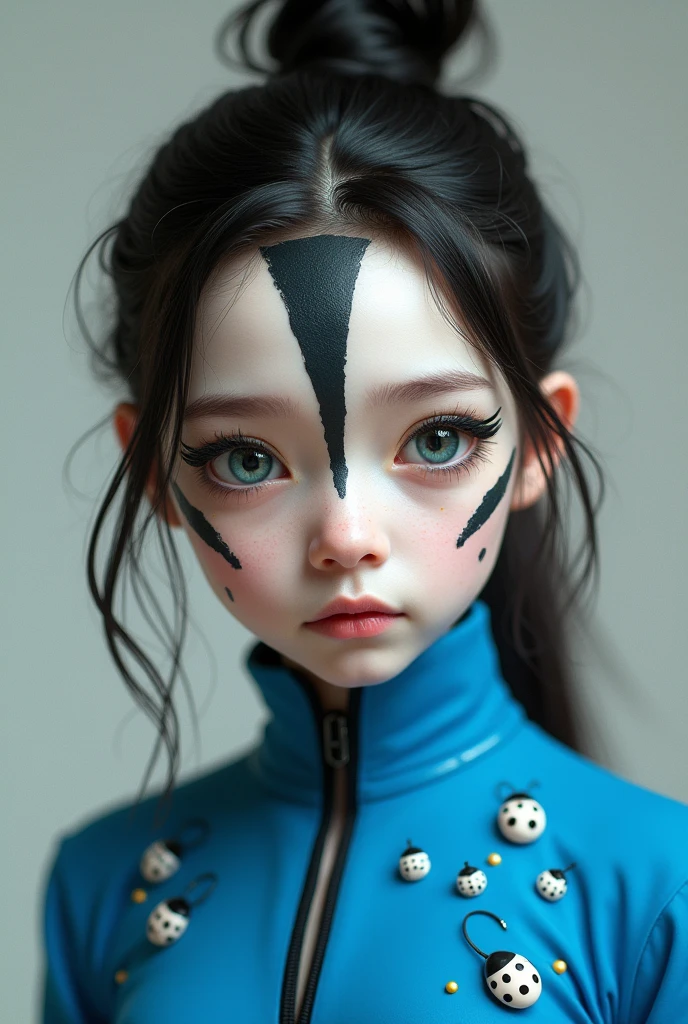 young girl, with pony tail hair whith pure white skin with black stripes on her face using blue uniform costume with white ladybugs with black spots on her face