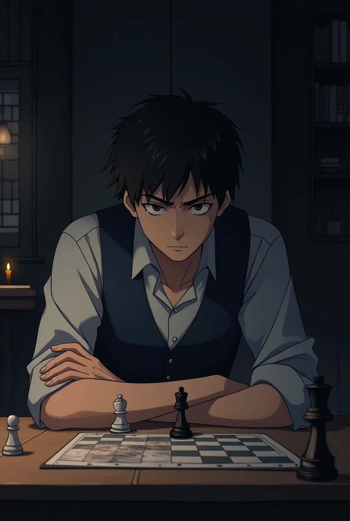 Anime, only one male character, the mood is planning, sitting and playing, hiding and sneaking.