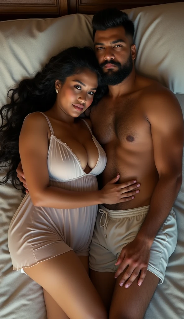 Newly wed indian couple, hot curvy south indian thick milf with single plaited hairstyle, big breast, big hip, big ass, thick thighs, woman wearing nighty, cleavage, indian couple, very short indian brown man with buzz cut, very big muscular body and beard, man wearing shorts, woman with man, couple in a big bedroom, high resolution, looking at camera, tall woman and short man, close-up potrait, Closed Mouth, serious face, couple sleeping in bed, top view 