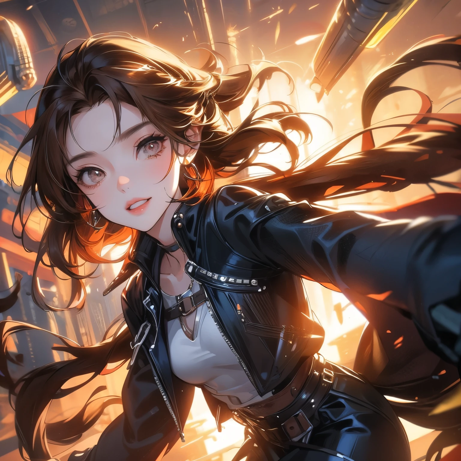 character, fictional, woman, consists of fragments of brown, cool, of the edge dynamic, cinematic, oblique perspective, portrait, sunset