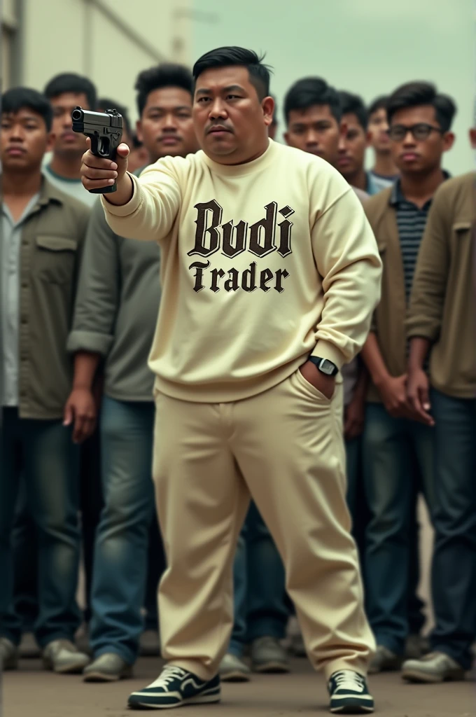 make me a hyper realistic photography HD 18K photo showing a handsome Indonesian man with yellow skin, neat side part hair, stocky and sturdy body, slightly fat, wearing a crewneck sweater with the words "Budi trader" in a complicated font style, cream chino pants and black and white nike shoes. the man appears to be standing casually while putting his left hand in his pants pocket and his left hand is holding a walther PPK while aiming at the target in front of him. in the background there are many people looking at the man around him.