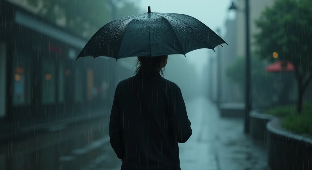 a person standing alone in the rain, head down, shoulders hunched, holding a black umbrella, heavy rain creating a somber mood, cinematic movie poster, digital art, highly detailed, photorealistic, dramatic lighting, muted color palette, moody atmosphere, back view, heavy rainy environment, visible water droplets, extremely detailed portrait, intricate details, cinematic composition, masterpiece, best quality, 8k, HDR, physically-based rendering