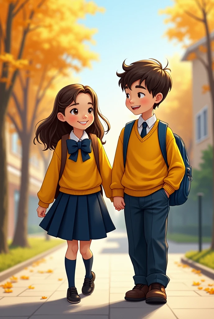 Disney boy and girl in school uniforms with backpacks and may the girl&#39;s uniforms be happy ( Yellow wool bust and navy blue pleated skirt , Navy blue tights and black school shoes WITHOUT TIE) and of the child ( Navy blue cloth pants and yellow wool sweater with tie )