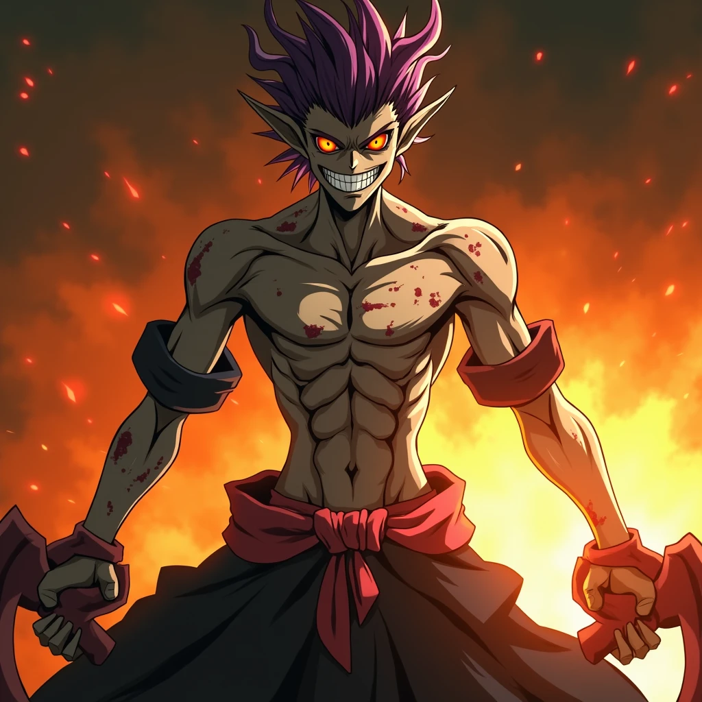Art anime Kimetsu no yaiba, a humanoid Kaijin demon with purple hair and grayish skin, with many scars on the body, has a mischievous smile on his face and wields two small scythes made of meat.