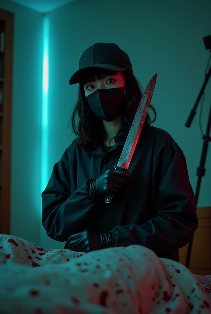 korean girl, (behind stiff, holding knife), black surgical mask, black gloves, crazy eyes, bed room, black raincoat, holding knife, trucker hat, 15 years old, black gloves, woman on top, looking at viewer, behind cadaver, blood splatter, bed room, night, mass murderer, killer, wavy hair, blood splatter, dark atmosphere, cinematic lighting, neon light, tripod and camera in the back, shooting with camera
