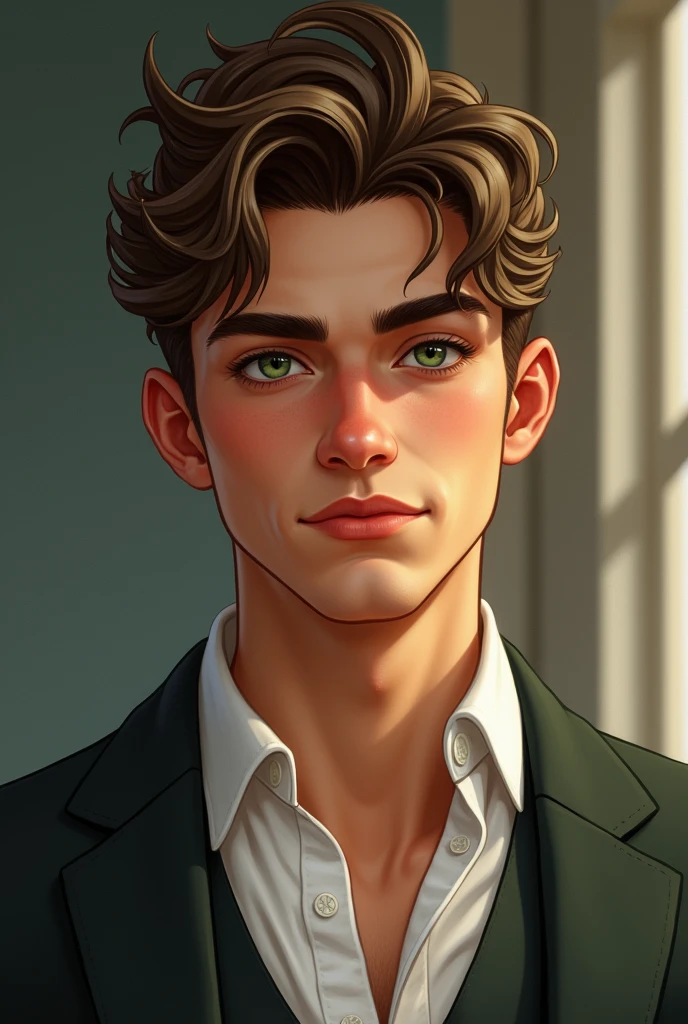 ((best qualityer)), ((work of art)), (detailded) rafael, is also 24 years old, He is a young Brazilian with Italian ancestry. is high, com altura de 1.85 meters, and has a robust and well-formed figure. Your skin is fair with a slight golden hue., typical of the Mediterranean region. His eyes are intense green, often filled with a mixture of seriousness and mischief. He has light brown hair, slightly wavy and usually combed back. His chin is strong and he has a smile that can be both charming and challenging... rafael has a classic and neat style, preferring well-cut shirts and elegant jackets, reflecting its Italian heritage and attention to detail.