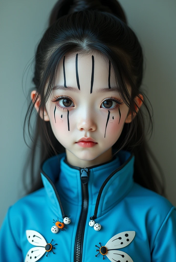 young girl, with pony tail hair whith pure white skin with black stripes on her face using blue uniform costume with white ladybugs with black spots on her face 