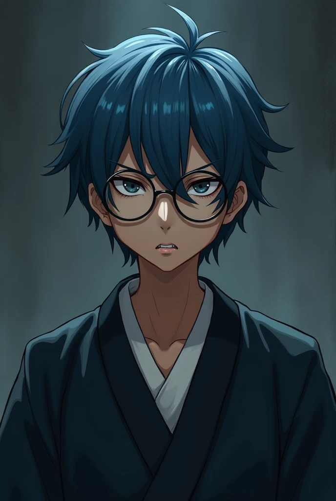 Cutie stick boy anime short blue hair round glasses black kimono straight hair dark background brown skin mature face mixed with shark