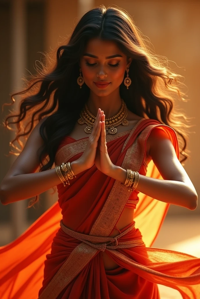 A beautiful young Indian woman dancing gracefully, (best quality,4k,8k,highres,masterpiece:1.2),ultra-detailed,(realistic,photorealistic,photo-realistic:1.37),HDR,UHD,studio lighting,ultra-fine painting,sharp focus,physically-based rendering,extreme detail description,professional,vivid colors,bokeh,portrait,photography,warm color tones,dramatic lighting