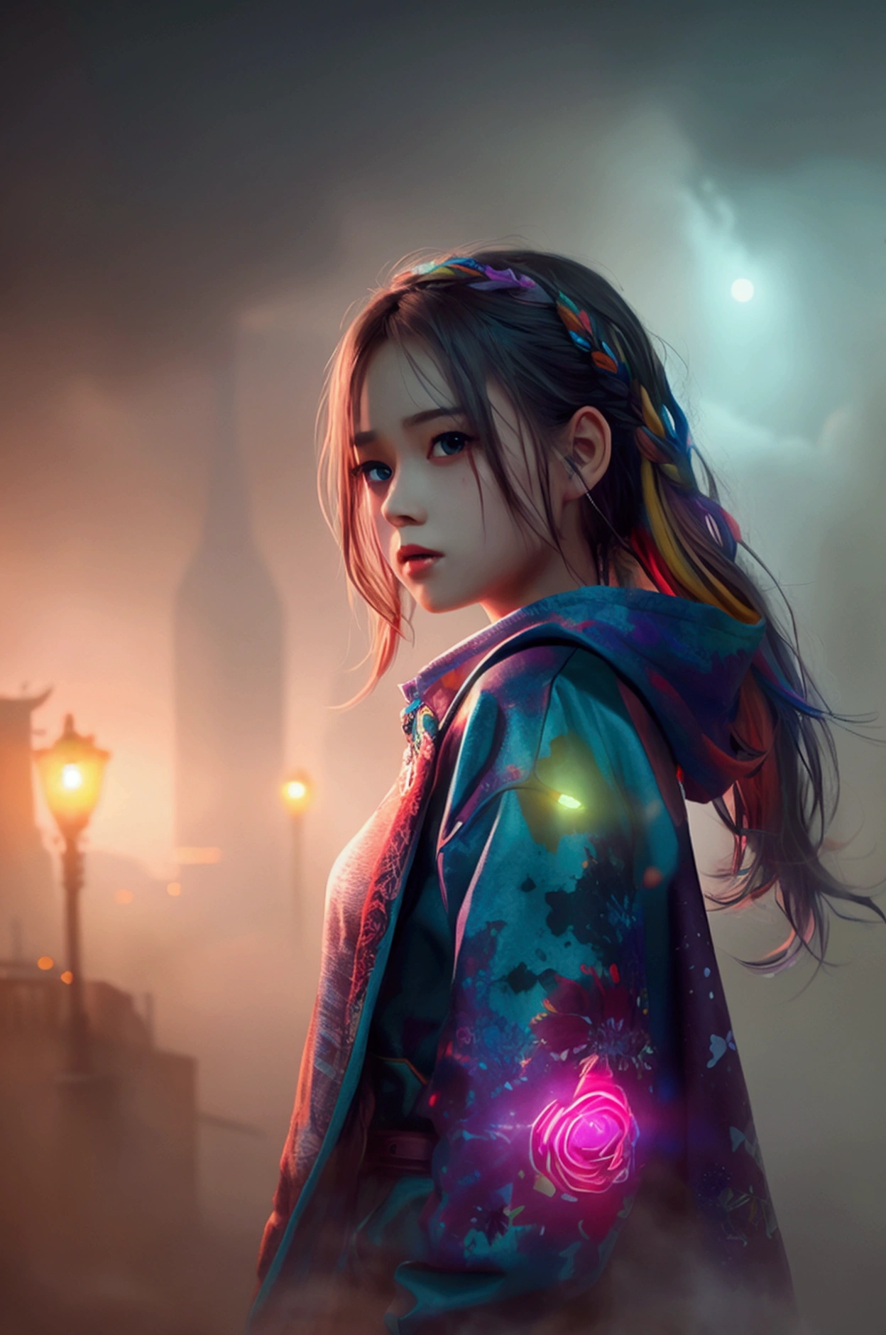 fog, colorful, cinematic lighting, (masterpiece:1.2), best quality, high quality, Highres, (hyper detailed), detailed background, 1girl,