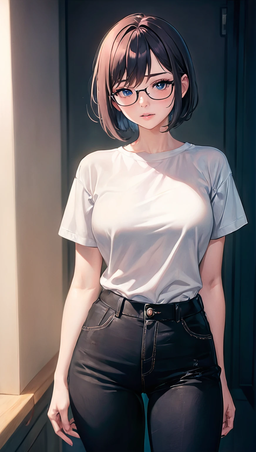 アニメ – 眼鏡と白いshirtを持つ女性のスタイル画像, Realistic Anime 3D Style, Smooth anime CG art, Realistic anime art style, Semi-realistic anime style, Perfect body with realistic shading, Wear casual clothes, Touching her clothes, Anime realism style, Realistic art style, Clean and detailed anime style, Created by Anime Painter Studio, Fascinating anime,TransparentTshirt