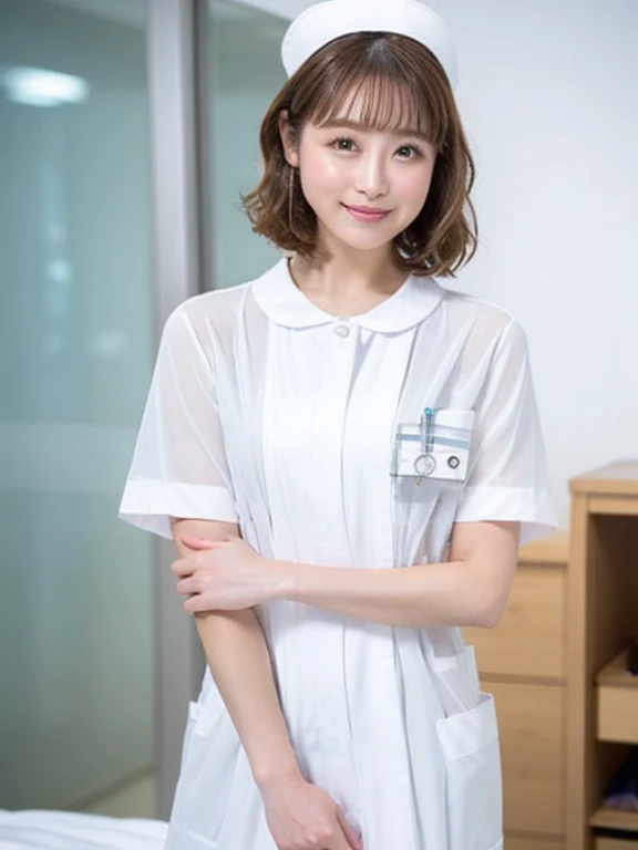 woman, alone, (Wearing white nurse clothes:1.2), (Bobcut), Shortcuts,bangs, Black Hair, nurse, Perfect Anatomy, nurse uniform, (Nurse cap), (White costume), Long skirt, hospital, Face close-up,