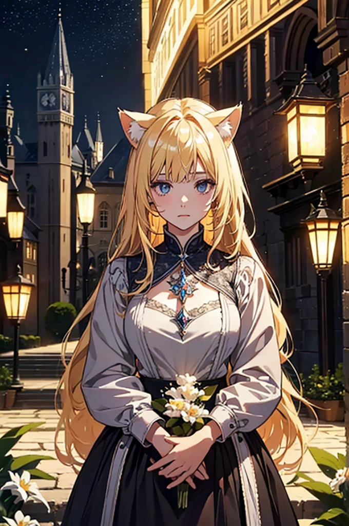 high quality, High resolution, Attention to detail, detailed、Blonde Hair、Cat ears、Wearing shining crystals、Light、bright、mysterious、night、Medieval European Gardens