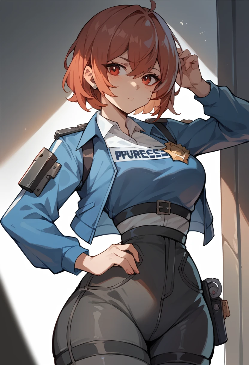 Zhu yuan, wide hips, medium boobs, thigt high waist pants, blue crop jacket, white shirt, police vest, standing