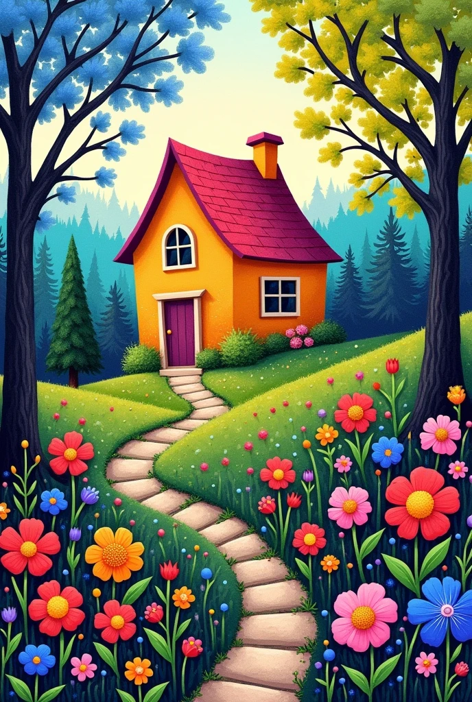 painting of a house in a colorful garden with trees and flowers, full of colour w 1024, whimsical art, flowery cottage, full of colour 8-w 1024, bright and colourful, vibrant painting, jane newland, house in the wood, house on a hill, colorful house, sunlight and whimsical houses, full of colour