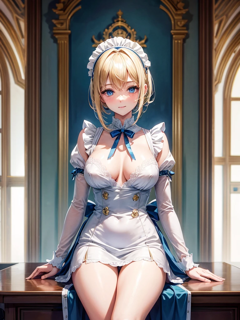 Anime style, super fine illustration, super clear illustration, highly detailed, beautiful detailed, super pale tone image, super delicate illustration, super calm & static image, static representation, gentle expression, 8k, pretty 1girl with blonde straight short hair & blue eyes & a bright smile & full bust & nipples & soft fair skin is wearing the Traditional maid dress not to show her skin in the romantic room, maid cosplay, solo, perfect fingers, perfect arms, perfect legs, masterpiece.