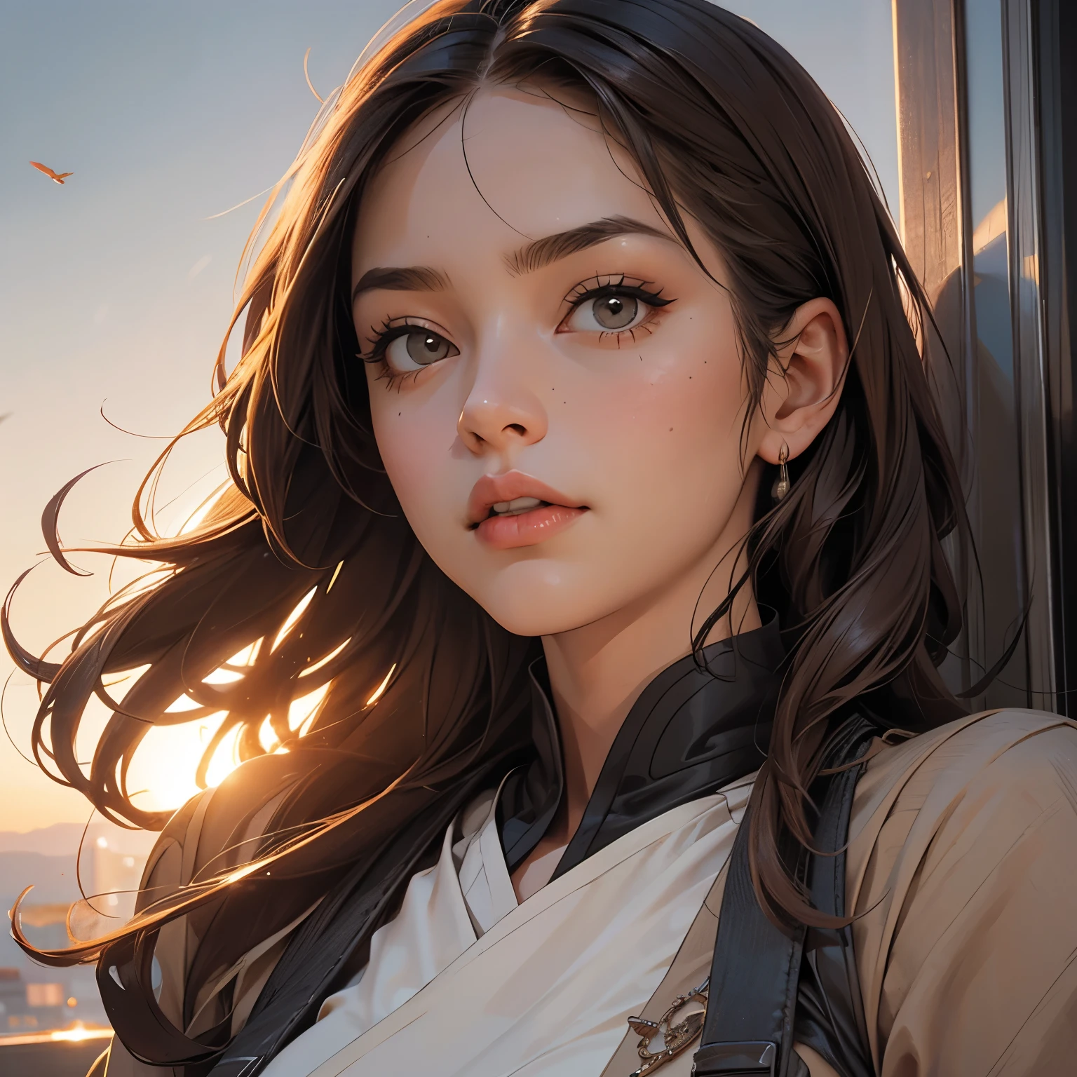character, fictional, woman, consists of fragments of brown, cool, of the edge dynamic, adult,make up,mature face, portrait, sunset