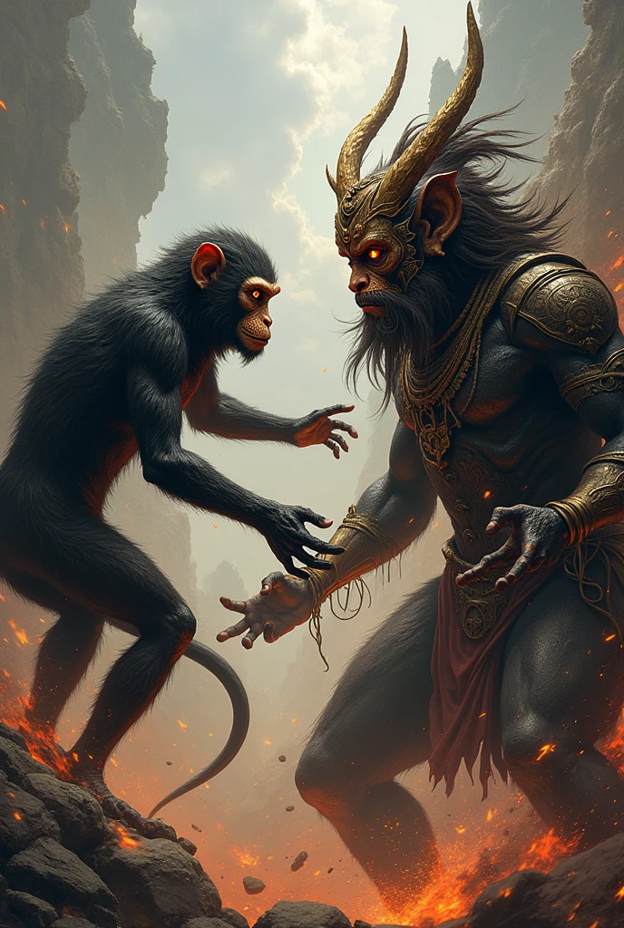 A men having monkey and human mixed face fighting with A Ravan