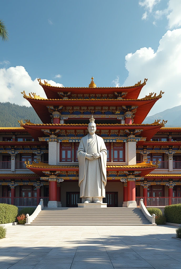 I want to have football stadium with Bhutanese architecture from exterior view with Bhutan king statue outside
