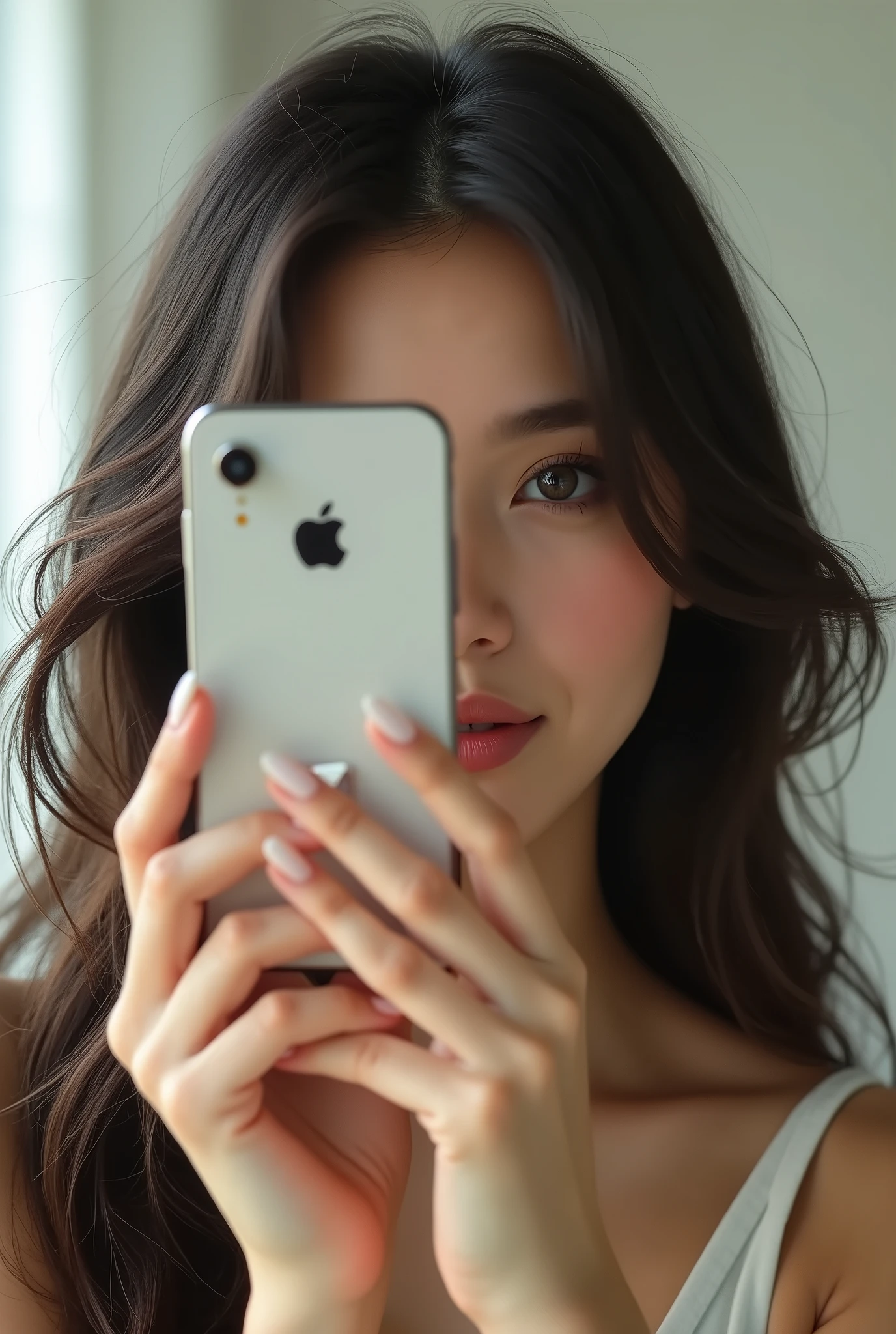 Woman taking a selfie in the mirror、Long Hair，A clear background with half of the face hidden by the iPhone、Beautiful woman