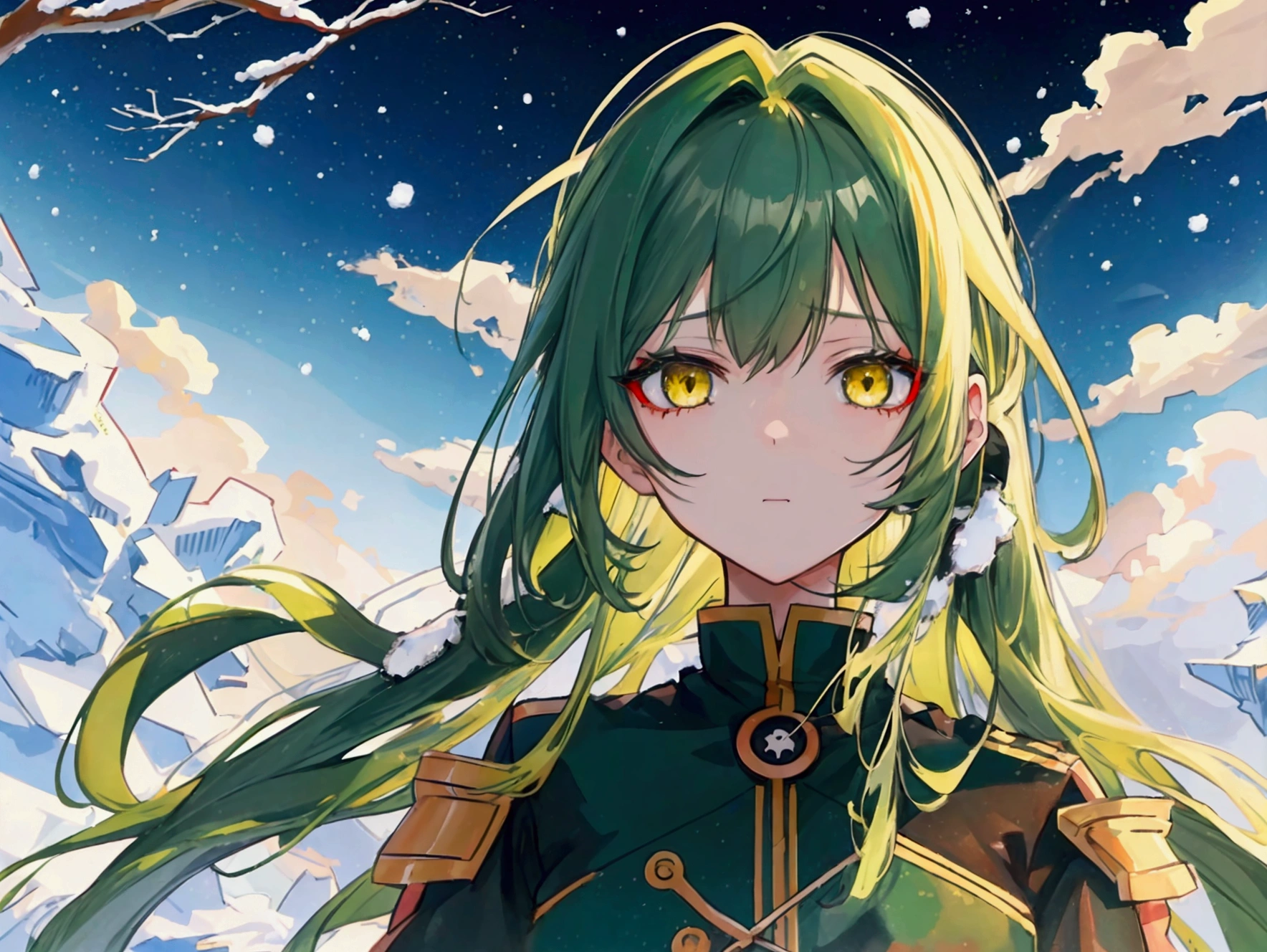 a girl with long dark green hair, yellow eyes,hair behind ear, アニメ, アニメ style, uhd, masterpiece, accurate, anatomically correct, super detail, high quality, high details, award winning, highres, best quality, 8k,Desolate atmosphere,Winter,snow