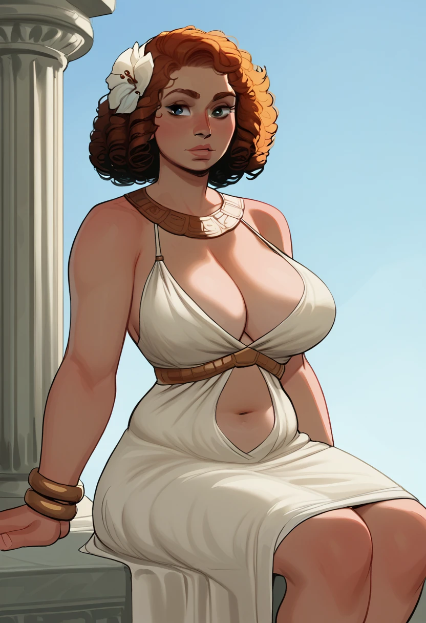 score_9, score_7_up, BREAK   1girl, solo,  snvAphro, curly hair, hair flower, greek clothes, cleavage, navel, white dress, bracelet, large breasts, the pose, sitting,