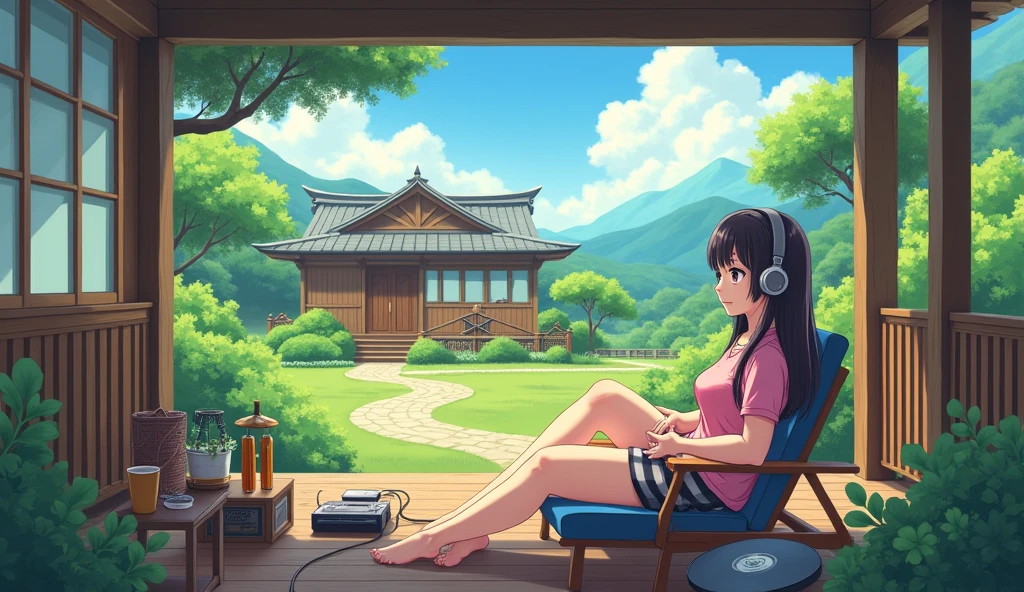 Perfect image, 8k, noon、A high school girl listening to music on a cozy veranda、relax、holiday、 Using headphones, 2D-style animation, Lo-Fi, hard disk, Big Breasts、one's home、wind chimes、summer、Retro、Japanese style、Wooden house、Single-story house