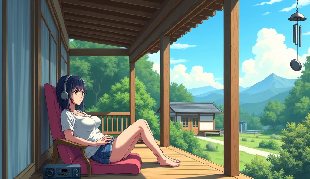 Perfect image, 8k, noon、A high school girl listening to music on a cozy veranda、relax、holiday、 Using headphones, 2D-style animation, Lo-Fi, hard disk, Big Breasts、one's home、wind chimes、summer、Retro、Japanese style、Wooden house、Single-story house