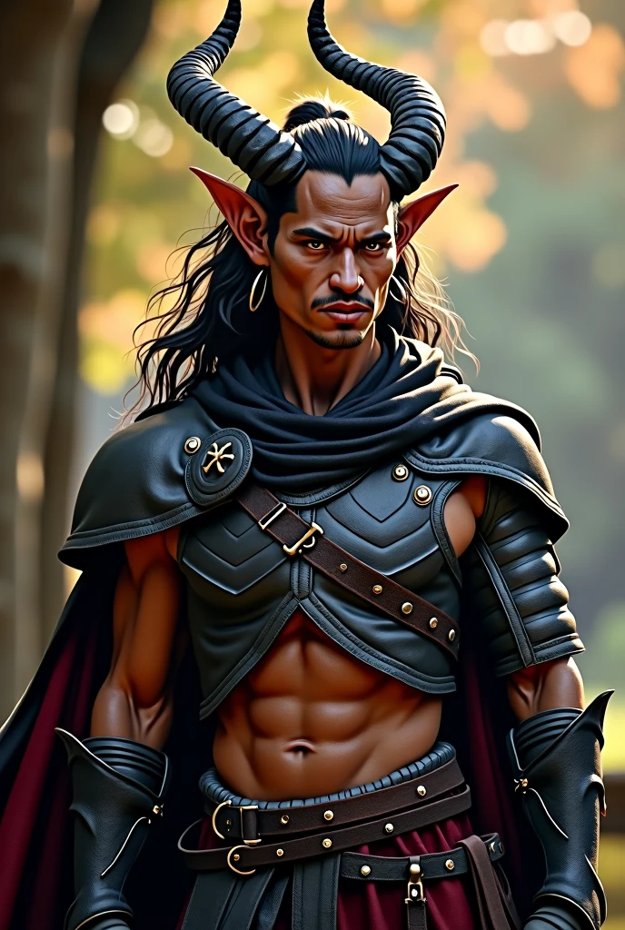 Imagine an adult tiefling warrior with tan skin, with a warm, metallic tone that glows softly in the sunlight, highlighting its infernal heritage with a distinctive elegance. His eyes are of a deep amber, almost golden, with vertical pupils reminiscent of a feline, observing the world around with a mixture of sagacity and prudence.
Your hair is thick, wavy, and a shiny black, cut in a practical way, but stylish, falling lightly on the shoulders. On the sides of the head, the hair is shorter, highlighting the slender, curved horns that rise gently backwards, polished and of a color similar to ebony. The contrast between the dark horns and the tanned skin creates an imposing and fascinating image..
His face is angular, with a strong jaw and thin lips, displaying an expression of firm determination. The eyebrows are well defined, further accentuating his piercing eyes. Small details adorn your appearance: a simple silver earring in one ear and a thin scar that cuts across his left eyebrow, Memory of a Past Battle.
He wears light armor, but robust, made of darkened leather and reinforced with dark, weathered metal plates. The armor is fitted to your athletic body, allowing you to move with agility and precision on the battlefield. A long cloak, of a resistant and dark fabric, with a deep red lining, complements your look, protecting it from the elements and increasing its intimidating presence.
Your tail, muscular and agile, ends in a sharp point, balancing his posture as he moves with controlled grace. This tiefling warrior is the embodiment of strength and strategy., with an appearance that reflects both the nobility and ferocity of his spirit.