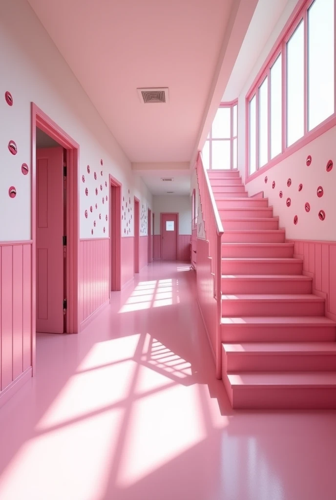 (photorealism:1.2) 
Inside an empty pink and white classic school hallway second floor of a pink classic school, Along the hallway there are some classic school pink open doors of the different classrooms, 
At the right hand side of the hallway there's a wide pink school stairway coming up from the school first floor, there are many drawings of 💋 can be seen on the walls, 
View: Over the shoulder perspective photo, 
high resolution, masterpiece, best quality, intricate details, highly detailed, Hiperrealistic