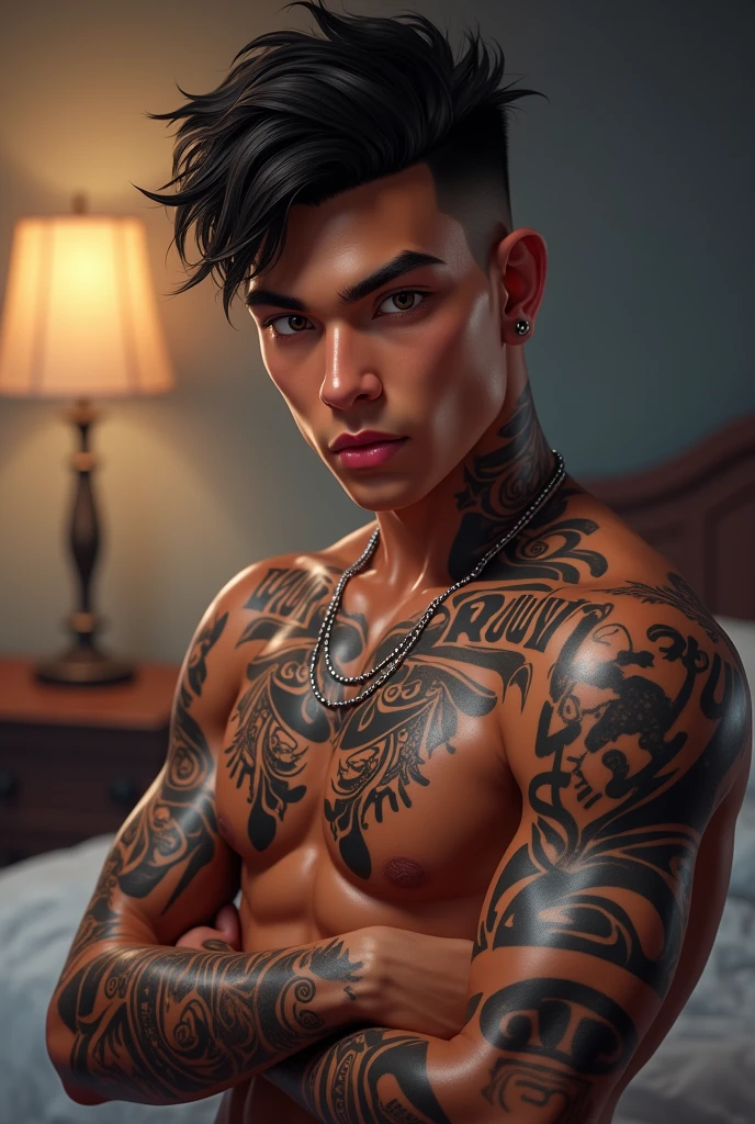 a young man AI high quality muscular tattoo with name “ruy” tanned skin piercing gaze pink mouth with realistic animated bedroom background
