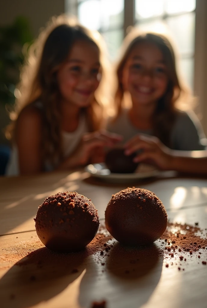 A gourmet and inviting brigadeiro setting with a close-up of two chocolate brigadeiros placed on a rustic wooden table. No fundo, softly focused silhouettes of children looking at the warm brigadeiros, with smile on face, trying to get the chocolate brigadeiros sprinkled with chocolate, creating a sense of connection and community. Soft sunlight coming through a window, casting a warm glow, symbolizing the warmth of open and honest communication." This image conveys a sense of camaraderie and the importance of meaningful dialogue., perfect for a video about divine communication skills. INFO