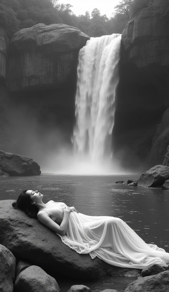 Create a black-and-white image featuring a serene waterfall in a natural, rocky setting. In the foreground, depict a woman lying on a large rock near the base of the waterfall. The woman is curled up, partially covered by a delicate, semi-transparent white fabric that drapes over her body. The scene captures a calm, introspective mood, with the contrast between the powerful waterfall and the peaceful, resting figure.