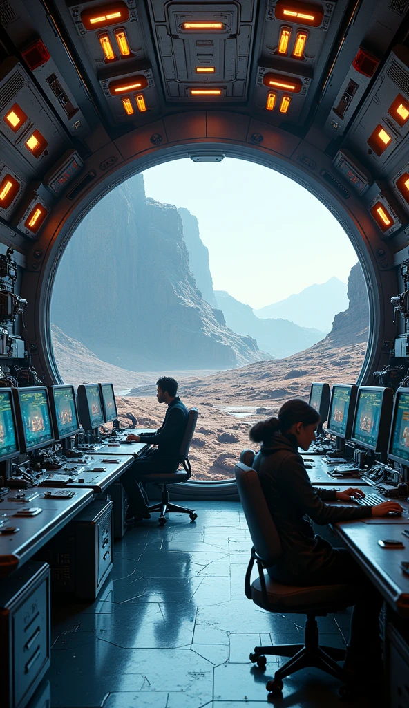 exterior of the spaceship. You can see the landscape of an alien planet through the window., The entire space is filled with workstations with electronic devices and screens.., full hd