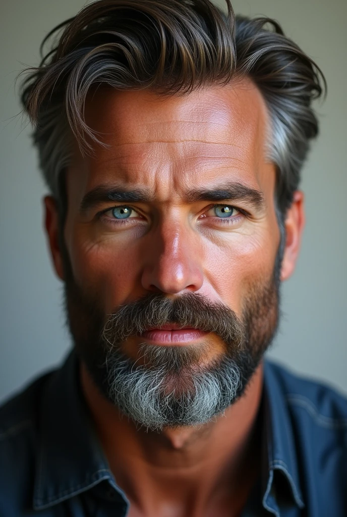 A handsome man with a beard and blue eyes