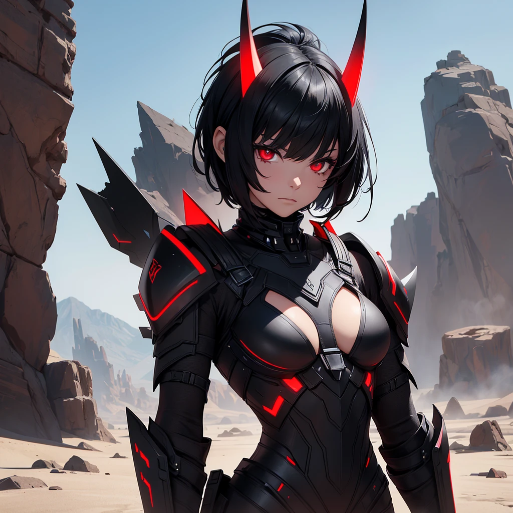Make a character with short black hair. She is an alien, in black armor, with red details and she should have futuristic horns on her head. Make it in a desert and arid setting.