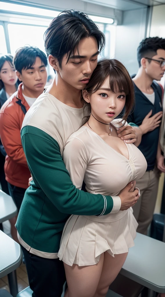 (Ultra-realistic)、Beautiful Asian Woman、sexy、(Wear flesh-colored fabric)、 Scalability　beauty　High resolution　High resolution　Realistic、young woman、((Big big))、Detailed skin texture、超High resolution、Wear flesh-colored fabric、Realistic、Voluptuous figure、Beautiful expression、Detailed green eye、ponytail、Fluffy hair、blonde、Big Red Lips、Extremely delicate and fine skin texture、Very large breasts、Sailor suit、、Location: subway、Surrounded by many people、Bridging、sit、Squat、M-shaped legs、Skirt flip、A man lifts her up、A man forces a kiss.、(The man pulls on his clothes.:1.5)、(The man hugs her chest:1.5)