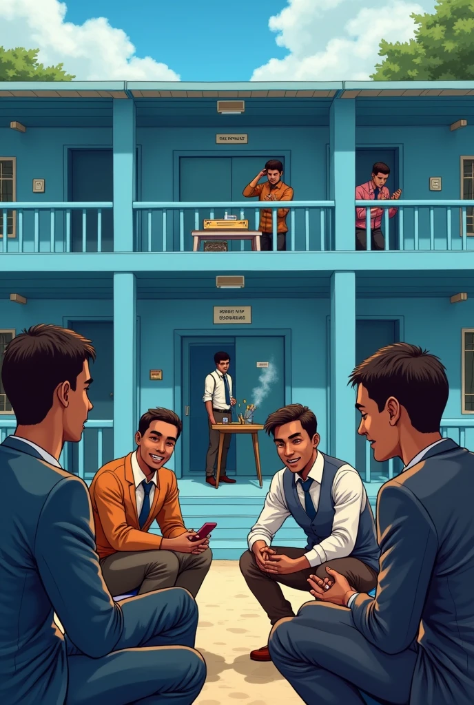 I want to crate a school boys 2 stories of Domatry building. There was four different buildings in blue painting from A block to Do block. I want to create 5 gentlemen, brown skin color . Three dressed with gentlemen suit and the other 2 dressed in Workshop outfit. I want to create a room in B block The writing on the door must state ROOM 18 in upper case and underneath the writing ROOM 18, in lower case state SEPIK COMPOUND. I want to create these 5 gentlemen sitting down telling stories outside the hall way of their room. Inside the room contains one table with Eddifier speaker and books on table. I want to create two boys smoking and the other two eyes on phone and the other one was laughing away. 