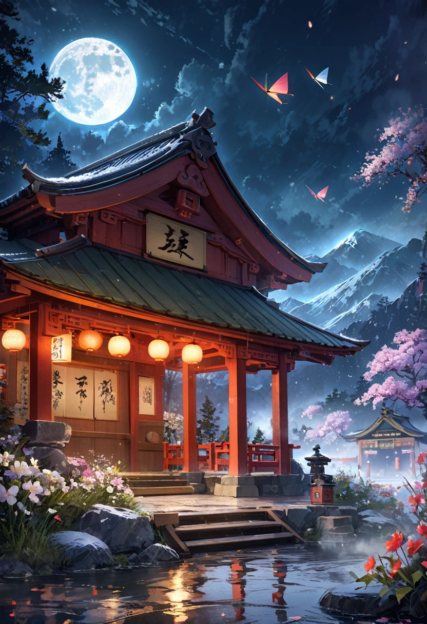 Ancient Chinese Landscape Painting, ((hot spring)), (Blizzard), (firefly), (Paper Kite), (midnight), (moon), A shrine at the top of the mountain, ((flower)), beautiful scenery, Realistic lighting, masterpiece, high quality, Beautiful graphics, Attention to detail,