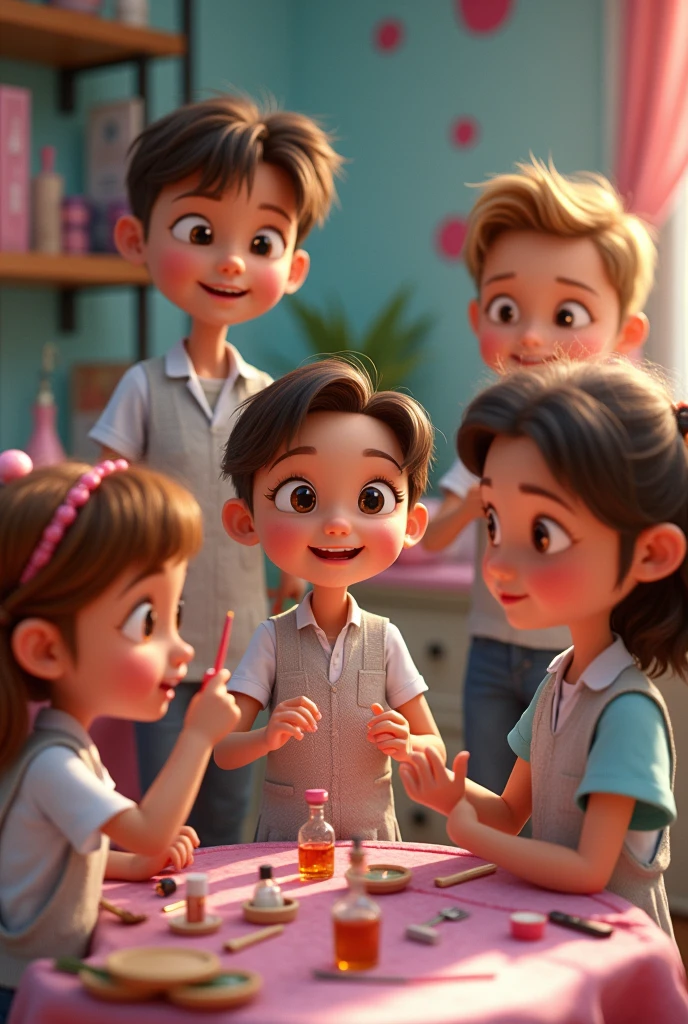 Create an image of two boys and three girls with a profession as a beautician in the Disney Pixar style