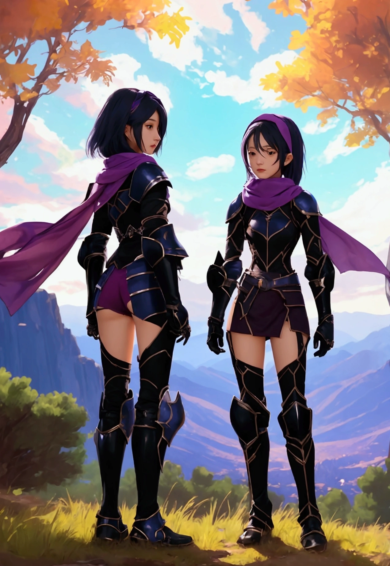1 girl, 1 chico, (Best Quality, beruka, gauntlets), armor, purple scarf, black gloves, pants, Boots, headscarf, Session, In front, trees, Mountain, beautiful landscape in the background, soft sunset, subtle reflections on the ground.
