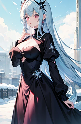 Anime, woman, long hair, pale blue hair, pink eyes, cool, earrings, big boob, wearing a black dress, beautiful, elegant, pure, fantasy, ice, snowflake, snow land,