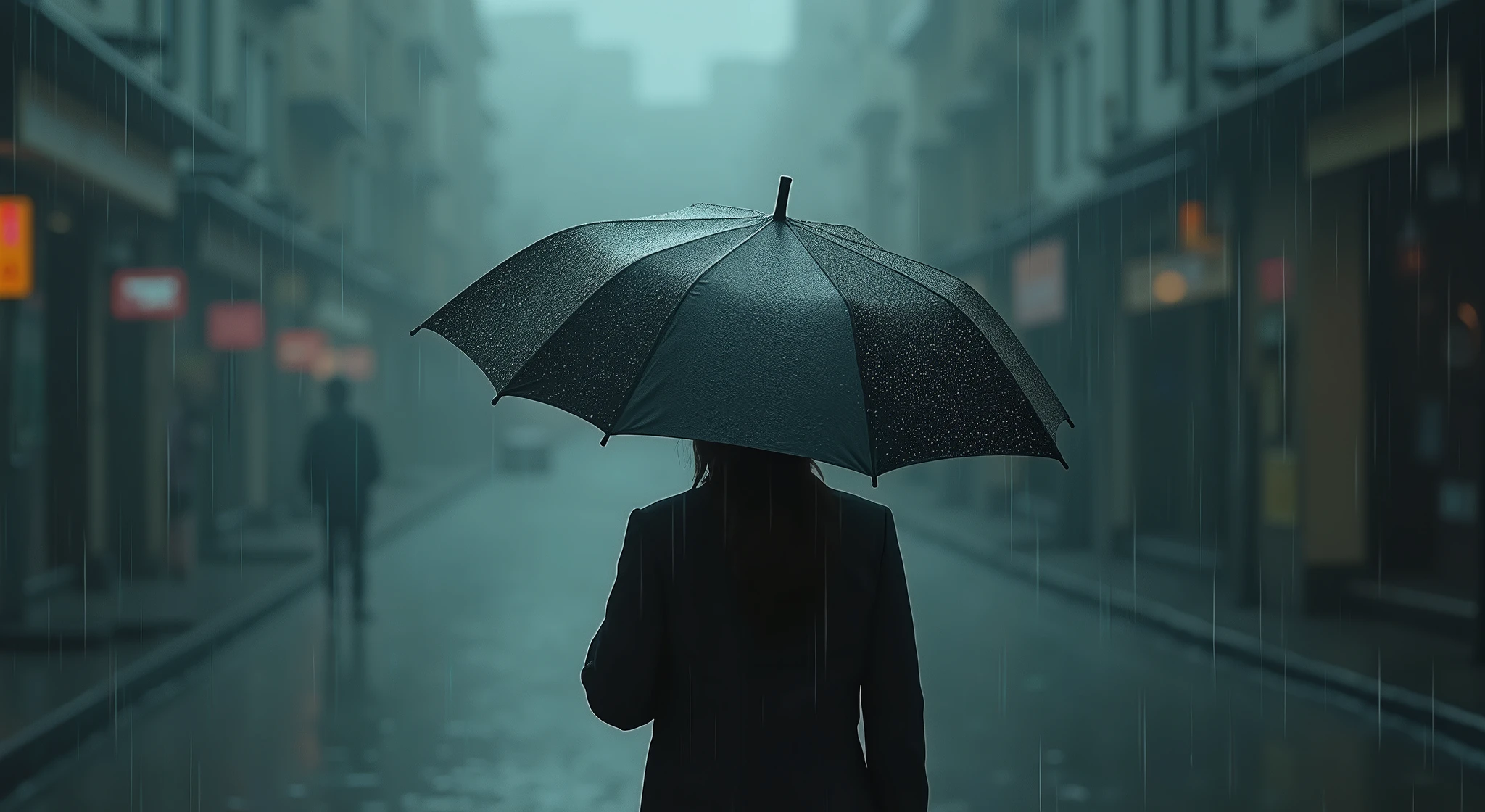 a person standing alone in the rain, head down, shoulders hunched, holding a black umbrella, heavy rain creating a somber mood, cinematic movie poster, digital art, highly detailed, photorealistic, dramatic lighting, muted color palette, moody atmosphere, back view, heavy rainy environment, visible water droplets, extremely detailed portrait, intricate details, cinematic composition, masterpiece, best quality, 8k, HDR, physically-based rendering