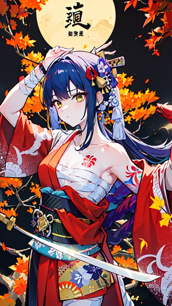 (((((roll up bandage sideways on a chest tightly to cover the chest without gaps))))), (((bandage samweways))),, ((Japanese Gangster BOSS)), adult woman with the dignified presence, Killing Qi, wear nothing around shoulder, wear nothing around neck, wear the kimono, wear it below the waist, I wind it up to control it, and to attach it, ((kimono come off)) ,wear the kimono multiple times, black and gold kimono, put on over jacket of kimono, a sword on the ground, The handle of the sword, long sword, low angle, whole body, anime character, Glaring, off sholder, Excellent, can see both shoulder, long kimono hem, small face, big tattoo on the arm,muscular,(((drink sake))), The kimono is spreading,ultra-detailed,super beautiful,Masterpiece,Killing Qi,Intimidation, a person,Selfish person,Ginkgo biloba pattern,Under the trees with autumn leaves,tall,Imposing,colorful kimono,vanpire woman,((Circular tattoo on the back)),can see back,Turned around pose,Retrospective, Hearty laughter